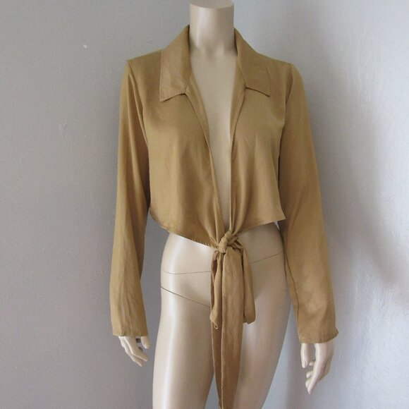 AYM Gold Double Wrap Shirt Long Sleeve Large Satin Collared Crop Top - Picture 1 of 4